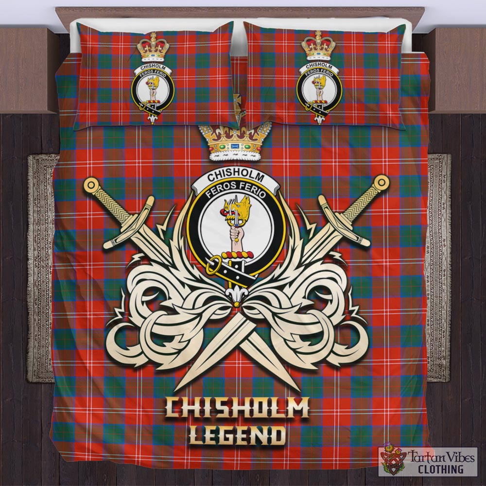 Tartan Vibes Clothing Chisholm Ancient Tartan Bedding Set with Clan Crest and the Golden Sword of Courageous Legacy