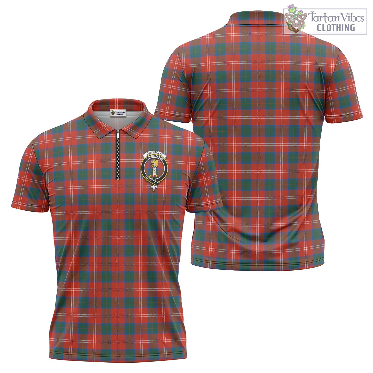 Tartan Vibes Clothing Chisholm Ancient Tartan Zipper Polo Shirt with Family Crest