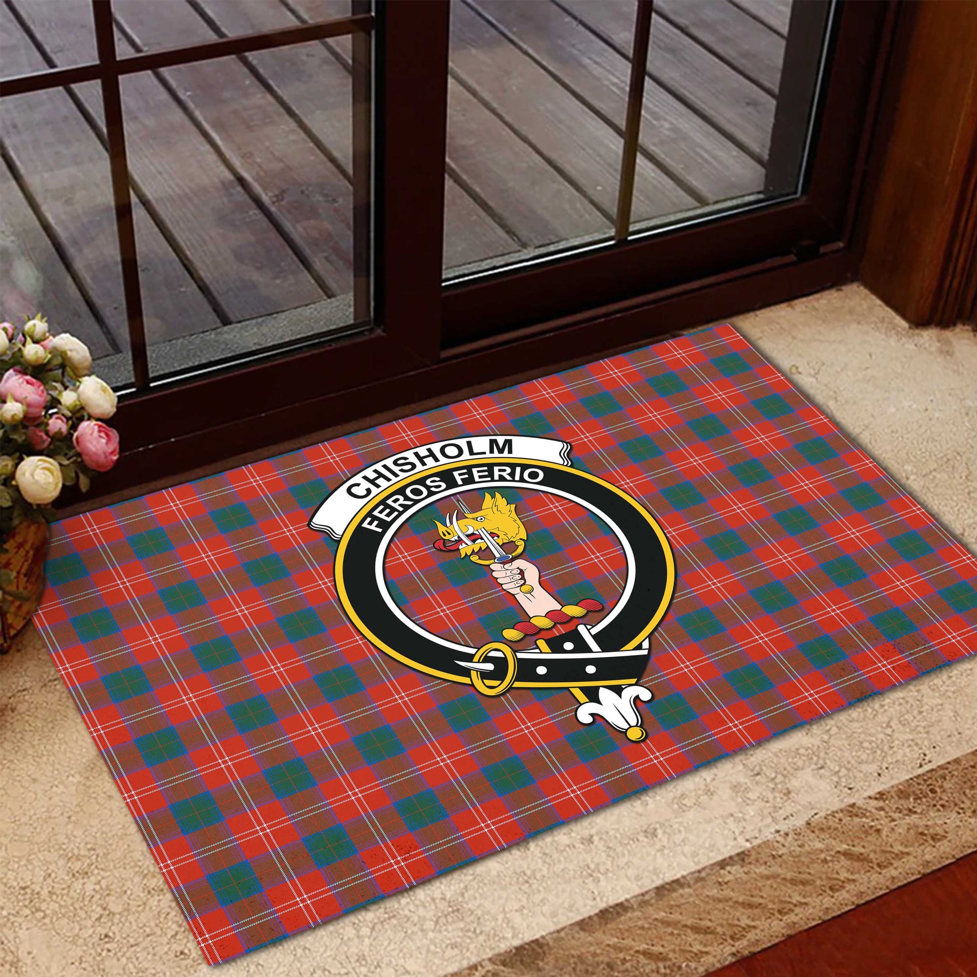 Chisholm Ancient Tartan Door Mat with Family Crest - Tartanvibesclothing