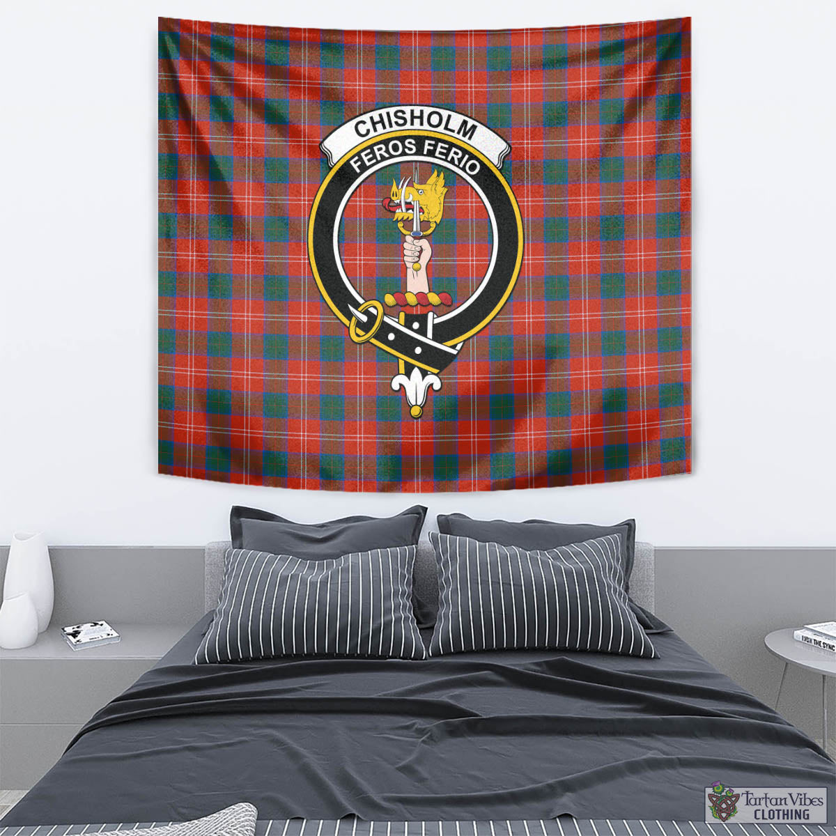 Tartan Vibes Clothing Chisholm Ancient Tartan Tapestry Wall Hanging and Home Decor for Room with Family Crest