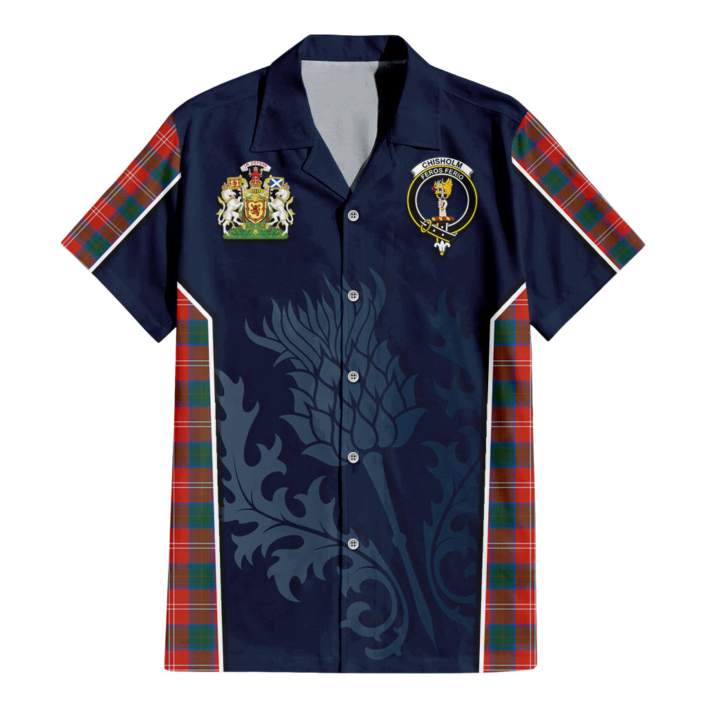 Tartan Vibes Clothing Chisholm Ancient Tartan Short Sleeve Button Up Shirt with Family Crest and Scottish Thistle Vibes Sport Style