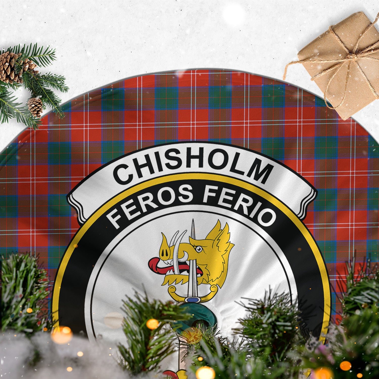 Chisholm Ancient Tartan Christmas Tree Skirt with Family Crest - Tartanvibesclothing