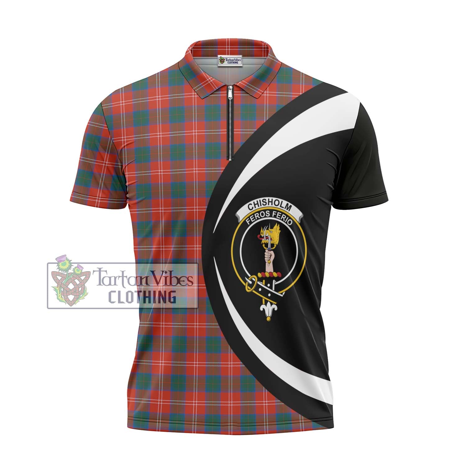 Tartan Vibes Clothing Chisholm Ancient Tartan Zipper Polo Shirt with Family Crest Circle Style