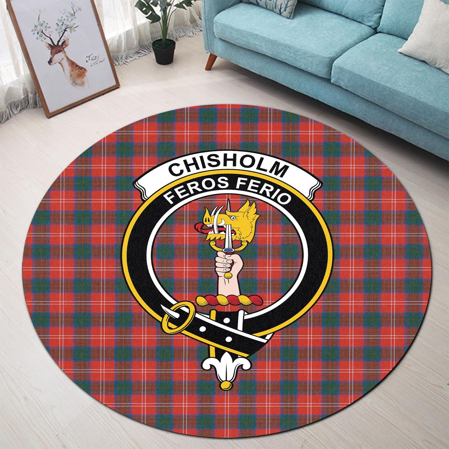 Chisholm Ancient Tartan Round Rug with Family Crest - Tartanvibesclothing