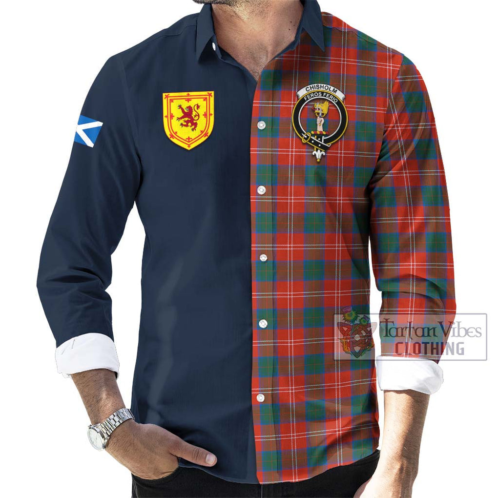 Tartan Vibes Clothing Chisholm Ancient Tartan Long Sleeve Button Shirt with Scottish Lion Royal Arm Half Style