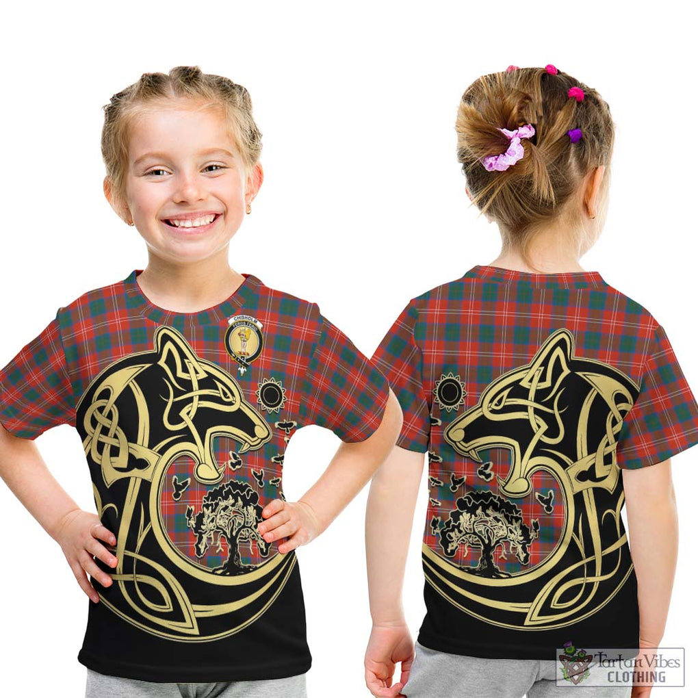 Chisholm Ancient Tartan Kid T-Shirt with Family Crest Celtic Wolf Style - Tartan Vibes Clothing