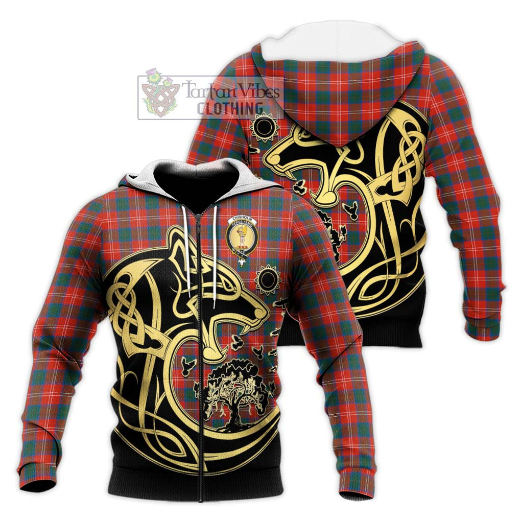 Chisholm Ancient Tartan Knitted Hoodie with Family Crest Celtic Wolf Style Unisex Knitted Zip Hoodie - Tartan Vibes Clothing