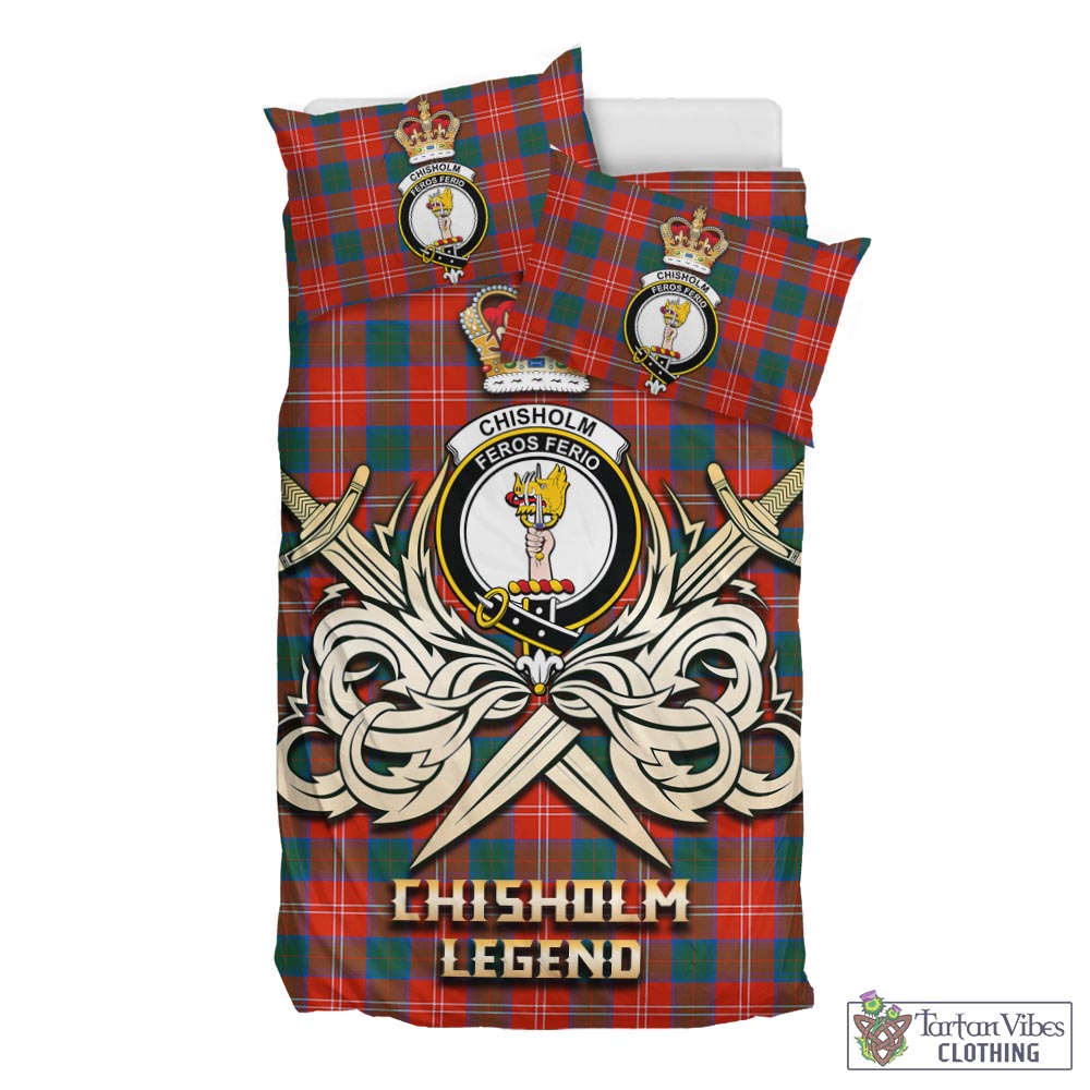 Tartan Vibes Clothing Chisholm Ancient Tartan Bedding Set with Clan Crest and the Golden Sword of Courageous Legacy