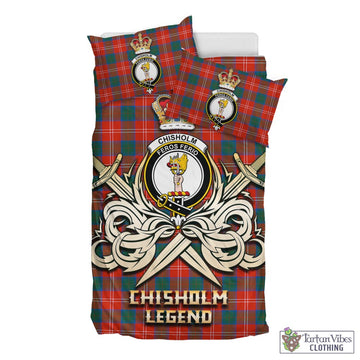 Chisholm Ancient Tartan Bedding Set with Clan Crest and the Golden Sword of Courageous Legacy