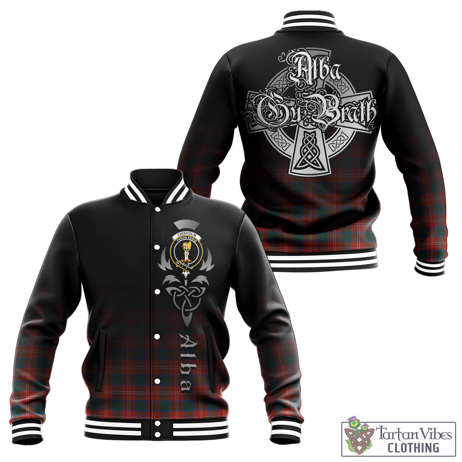 Tartan Vibes Clothing Chisholm Ancient Tartan Baseball Jacket Featuring Alba Gu Brath Family Crest Celtic Inspired