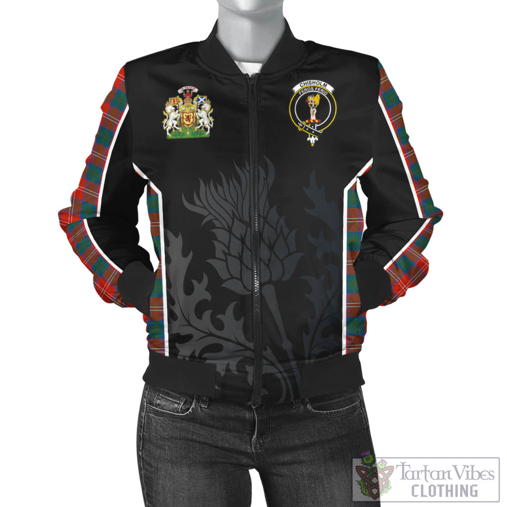 Tartan Vibes Clothing Chisholm Ancient Tartan Bomber Jacket with Family Crest and Scottish Thistle Vibes Sport Style