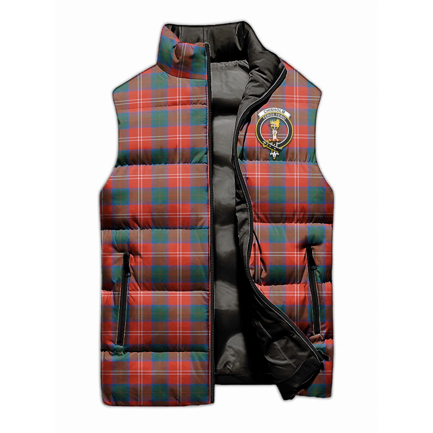 Chisholm Ancient Tartan Sleeveless Puffer Jacket with Family Crest - Tartanvibesclothing