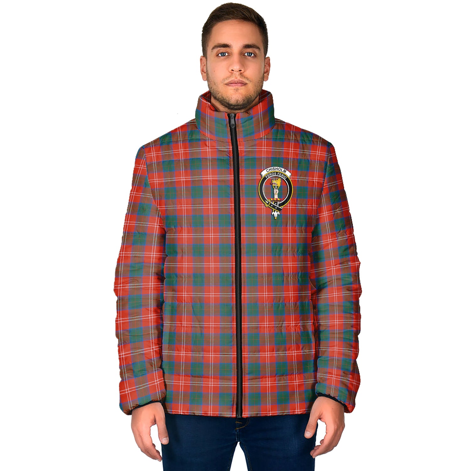 Chisholm Ancient Tartan Padded Jacket with Family Crest - Tartan Vibes Clothing