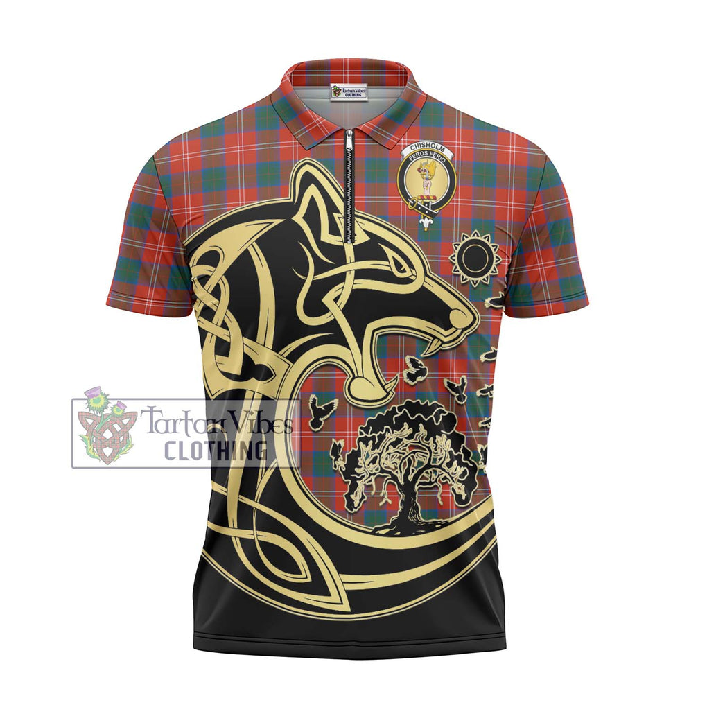 Chisholm Ancient Tartan Zipper Polo Shirt with Family Crest Celtic Wolf Style - Tartanvibesclothing Shop