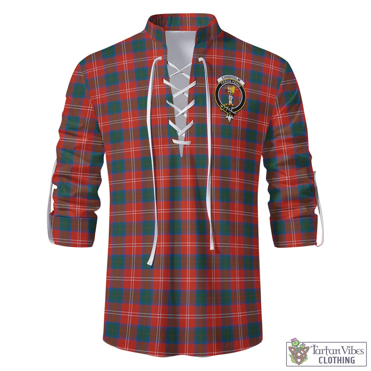 Tartan Vibes Clothing Chisholm Ancient Tartan Men's Scottish Traditional Jacobite Ghillie Kilt Shirt with Family Crest