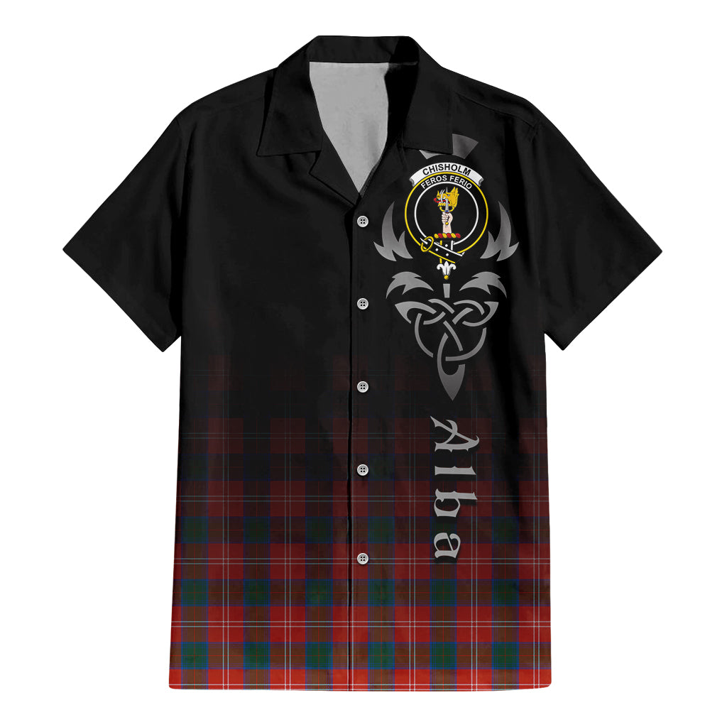 Tartan Vibes Clothing Chisholm Ancient Tartan Short Sleeve Button Up Featuring Alba Gu Brath Family Crest Celtic Inspired