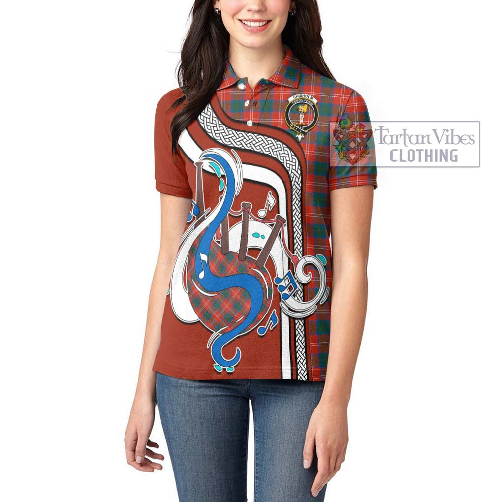 Chisholm Ancient Tartan Women's Polo Shirt with Epic Bagpipe Style - Tartanvibesclothing Shop