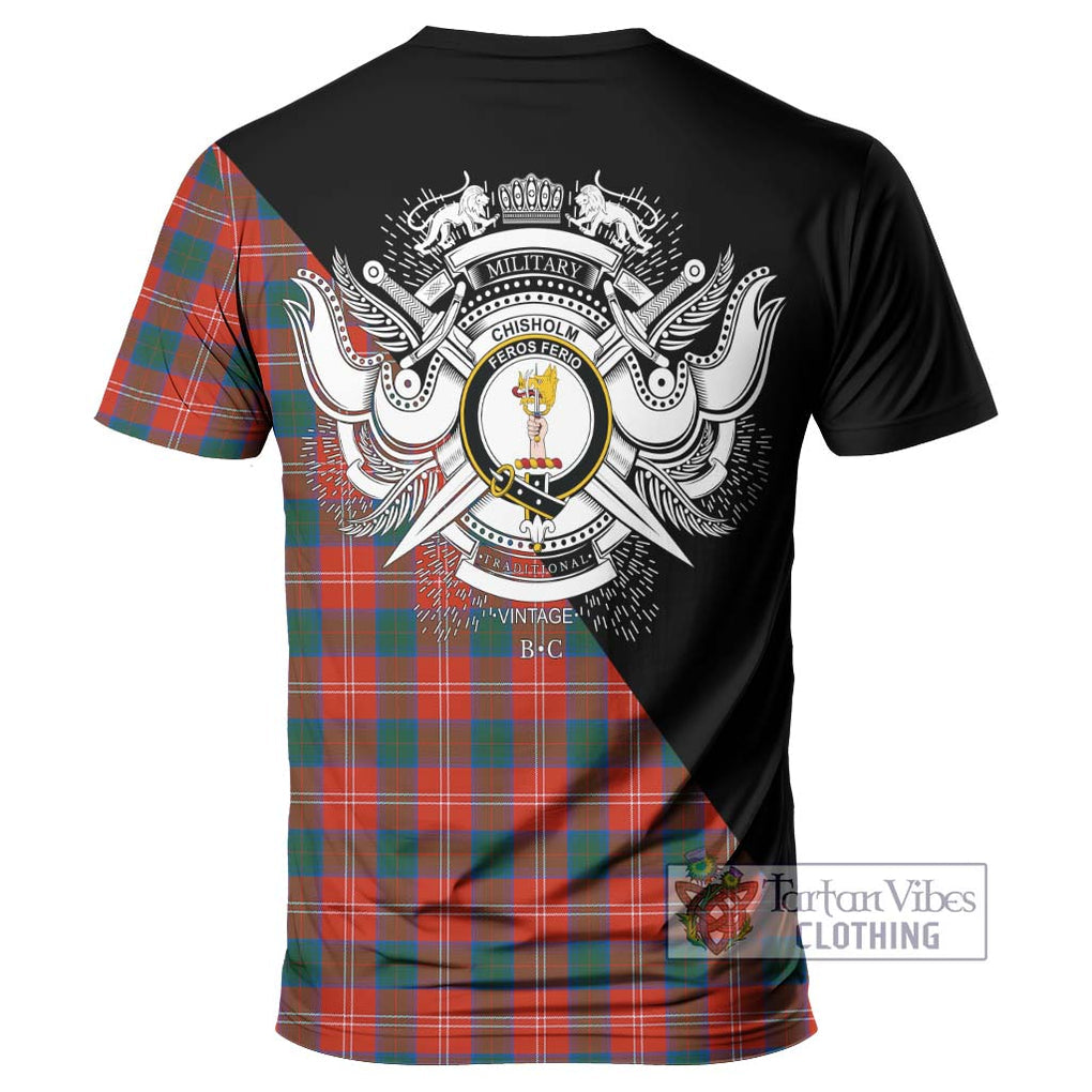 Chisholm Ancient Tartan T-Shirt with Family Crest and Military Logo Style - Tartanvibesclothing Shop