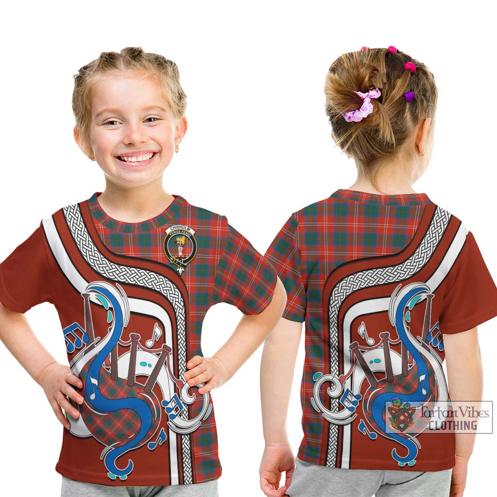 Tartan Vibes Clothing Chisholm Ancient Tartan Kid T-Shirt with Epic Bagpipe Style