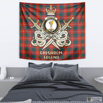 Chisholm Ancient Tartan Tapestry with Clan Crest and the Golden Sword of Courageous Legacy