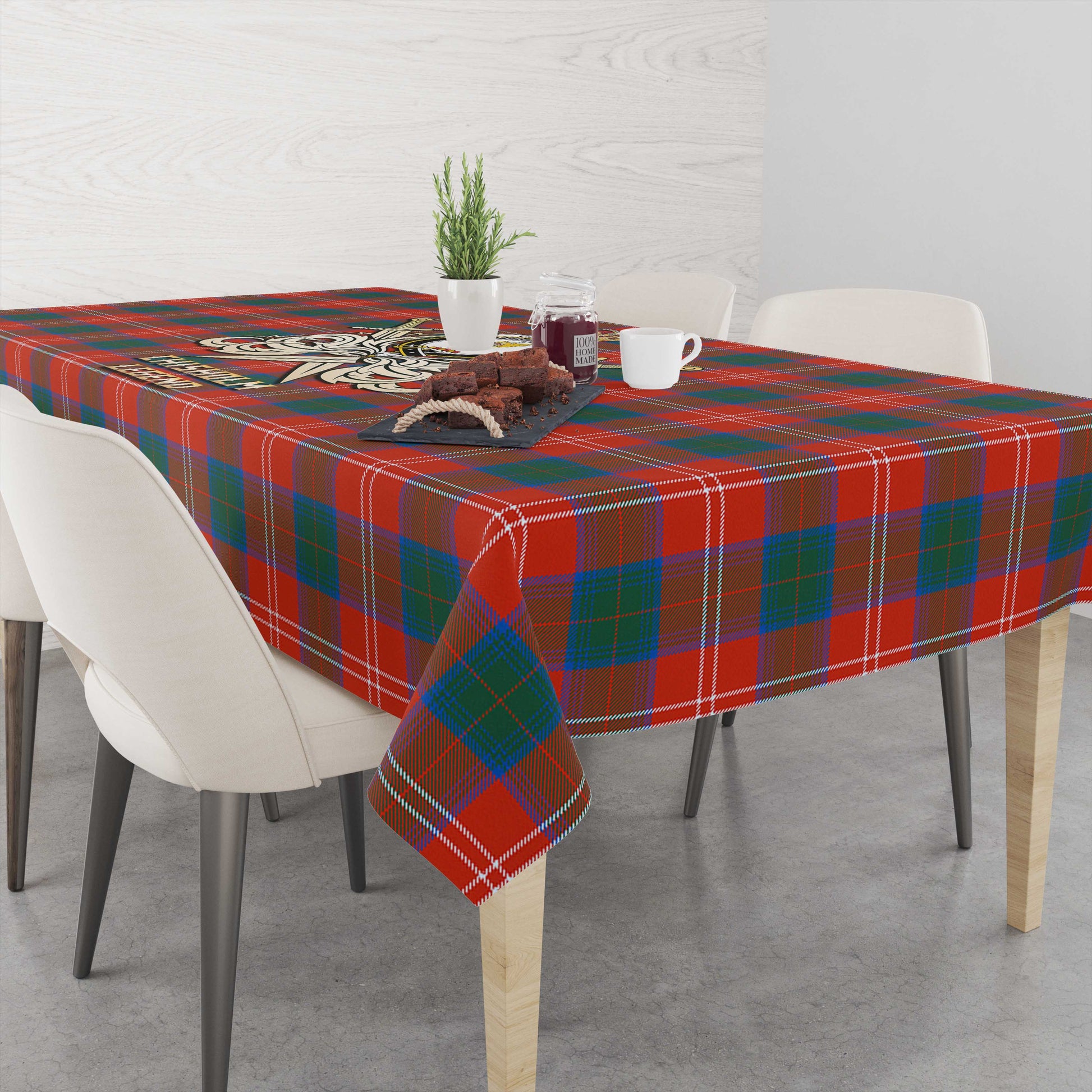 Tartan Vibes Clothing Chisholm Ancient Tartan Tablecloth with Clan Crest and the Golden Sword of Courageous Legacy