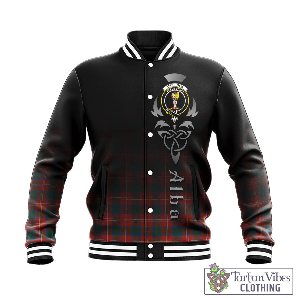 Tartan Vibes Clothing Chisholm Ancient Tartan Baseball Jacket Featuring Alba Gu Brath Family Crest Celtic Inspired