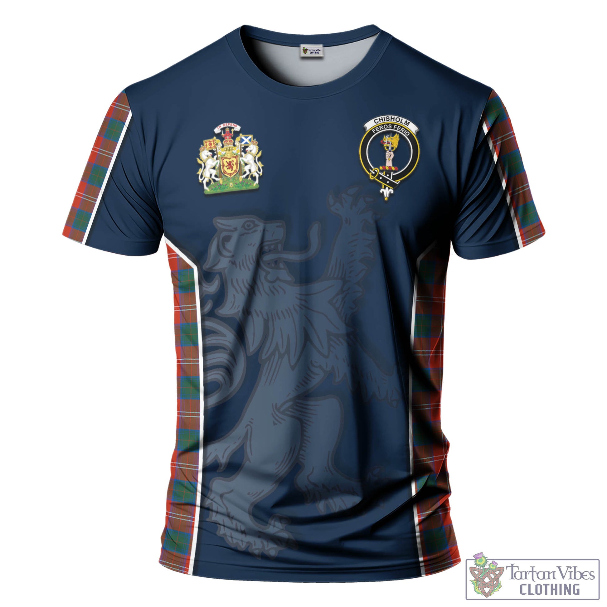 Tartan Vibes Clothing Chisholm Ancient Tartan T-Shirt with Family Crest and Lion Rampant Vibes Sport Style