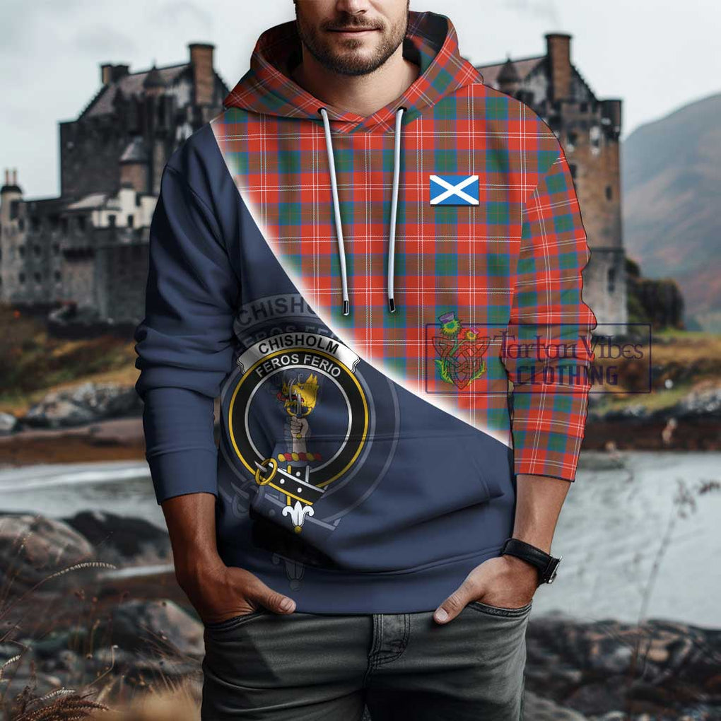 Chisholm Ancient Tartan Hoodie with Personalised National Flag and Family Crest Half Style - Tartanvibesclothing Shop