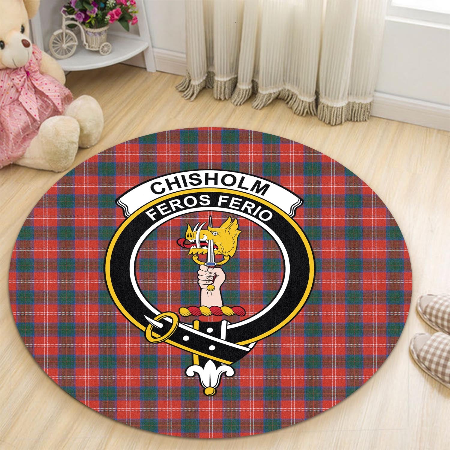 Chisholm Ancient Tartan Round Rug with Family Crest - Tartanvibesclothing