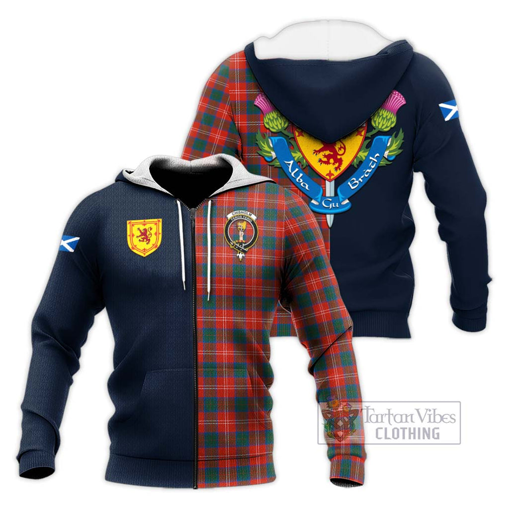 Tartan Vibes Clothing Chisholm Ancient Tartan Knitted Hoodie with Scottish Lion Royal Arm Half Style