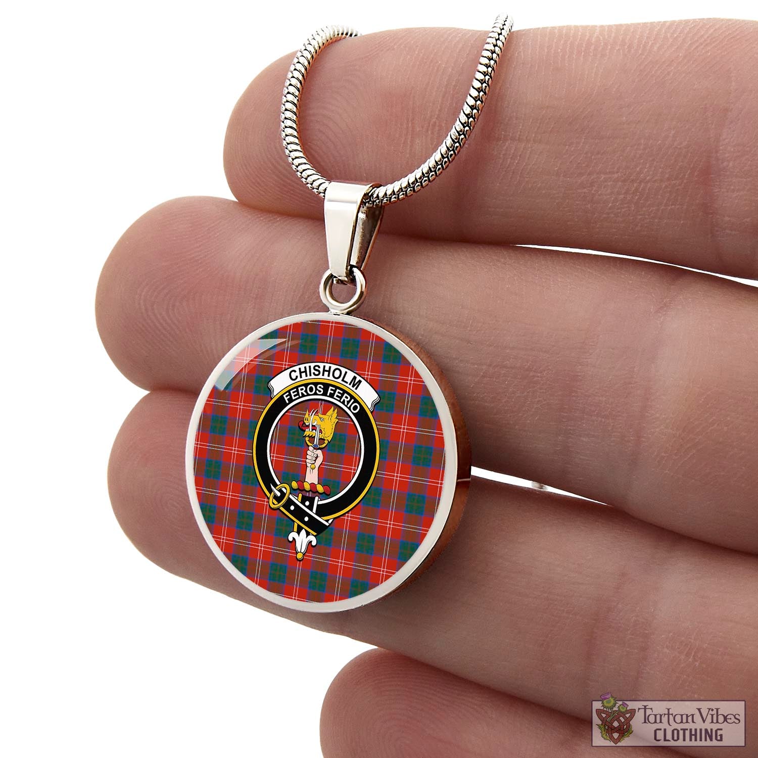 Tartan Vibes Clothing Chisholm Ancient Tartan Circle Necklace with Family Crest