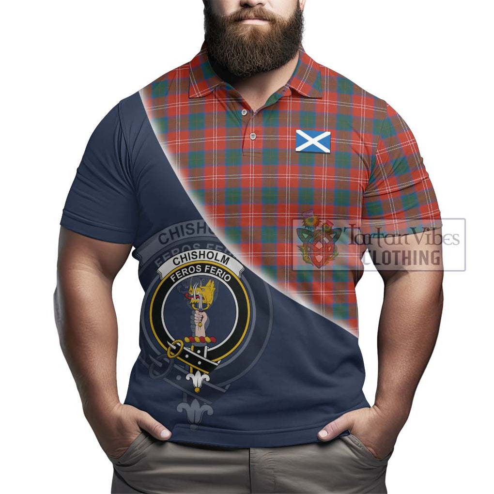 Chisholm Ancient Tartan Polo Shirt with Personalised National Flag and Family Crest Half Style - Tartanvibesclothing Shop