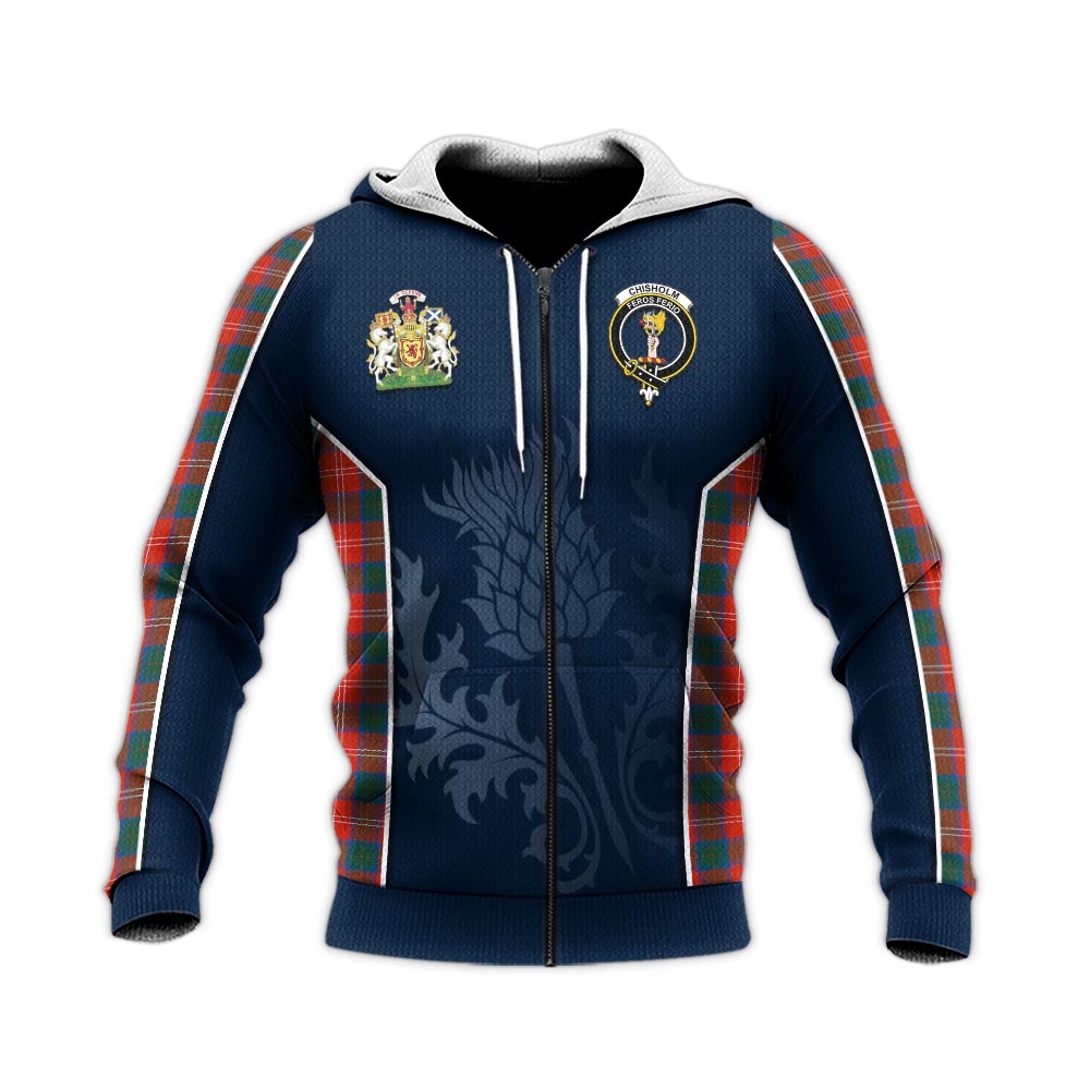 Tartan Vibes Clothing Chisholm Ancient Tartan Knitted Hoodie with Family Crest and Scottish Thistle Vibes Sport Style