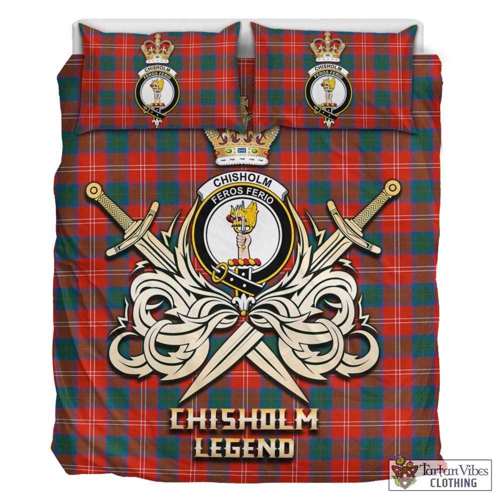 Tartan Vibes Clothing Chisholm Ancient Tartan Bedding Set with Clan Crest and the Golden Sword of Courageous Legacy