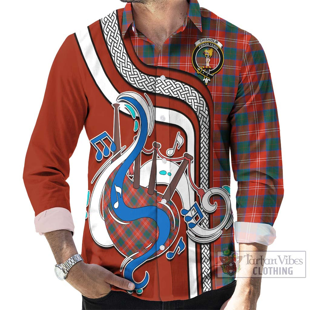 Chisholm Ancient Tartan Long Sleeve Button Shirt with Epic Bagpipe Style - Tartanvibesclothing Shop