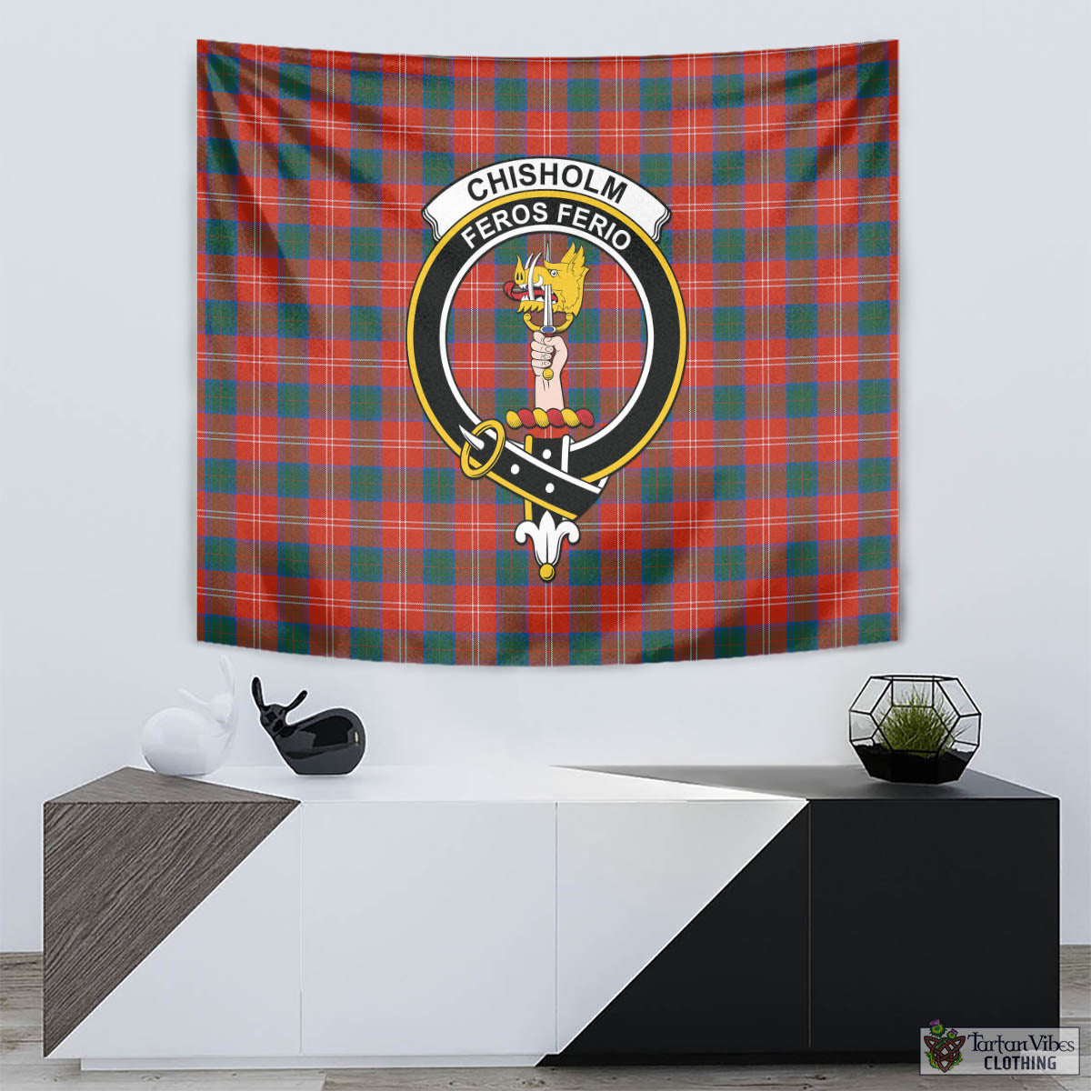 Tartan Vibes Clothing Chisholm Ancient Tartan Tapestry Wall Hanging and Home Decor for Room with Family Crest