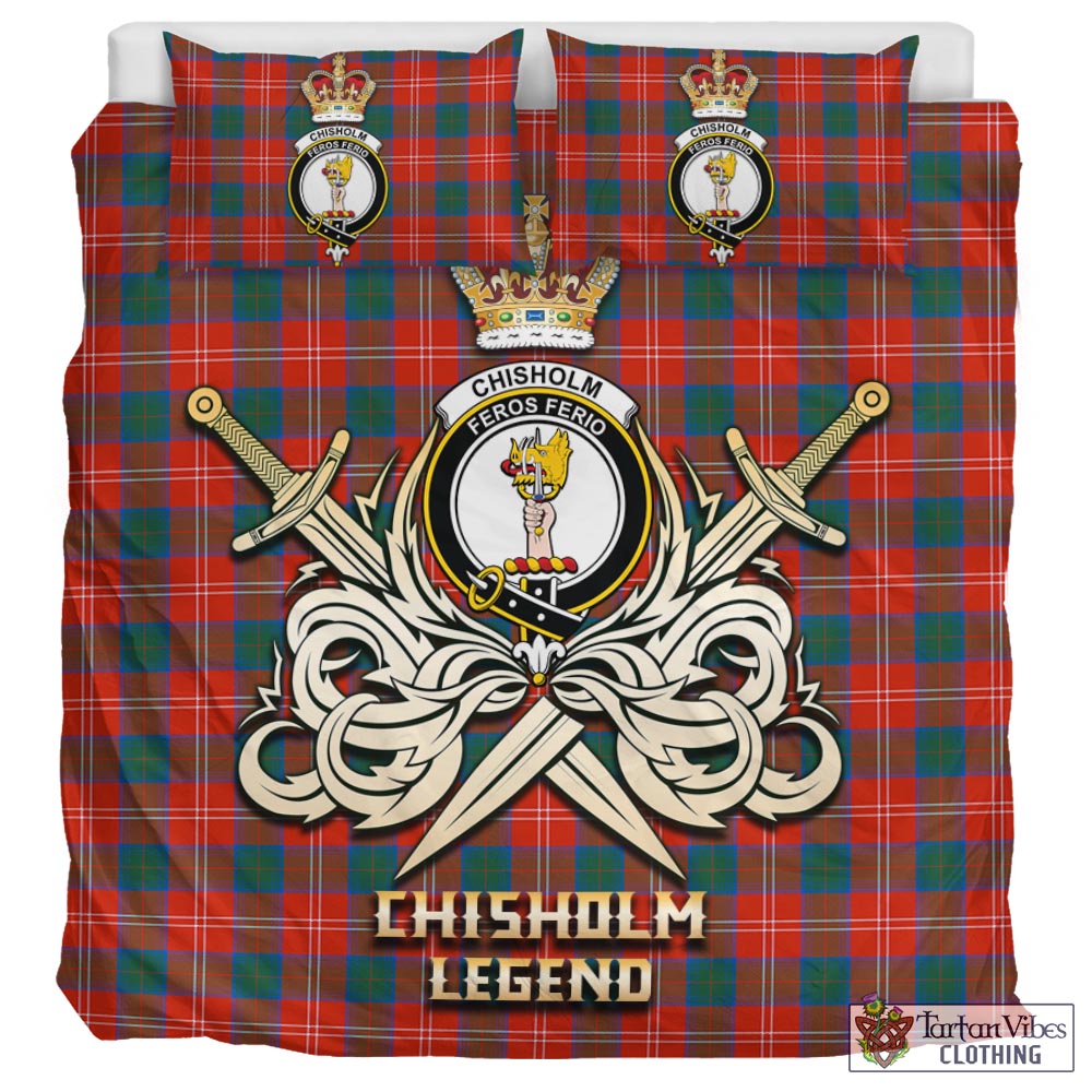 Tartan Vibes Clothing Chisholm Ancient Tartan Bedding Set with Clan Crest and the Golden Sword of Courageous Legacy