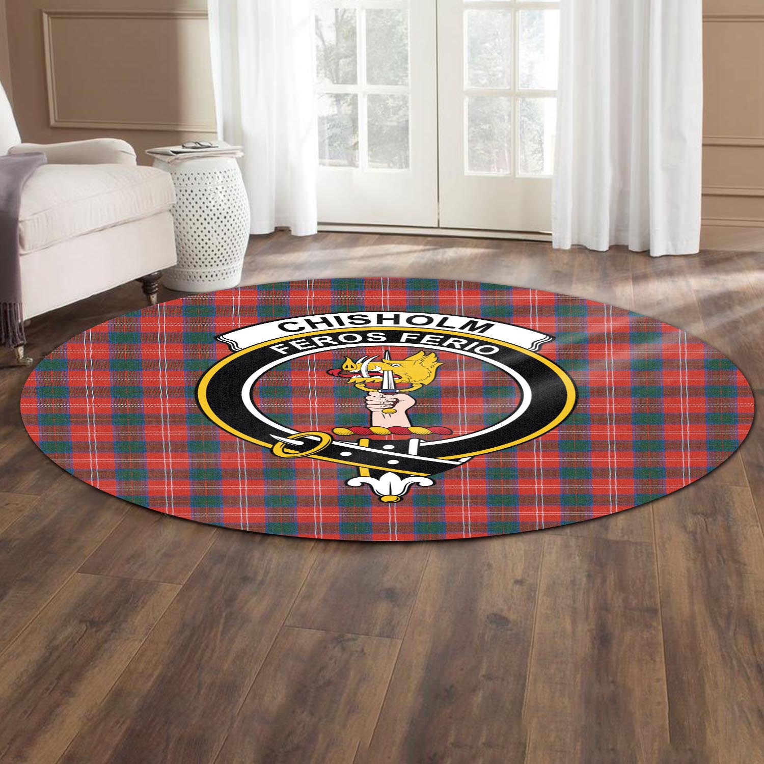 Chisholm Ancient Tartan Round Rug with Family Crest - Tartanvibesclothing