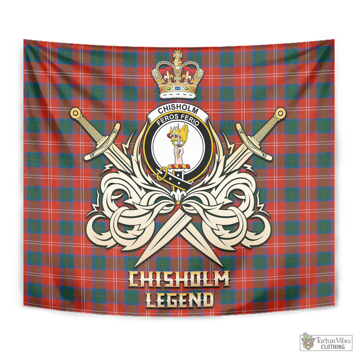 Tartan Vibes Clothing Chisholm Ancient Tartan Tapestry with Clan Crest and the Golden Sword of Courageous Legacy