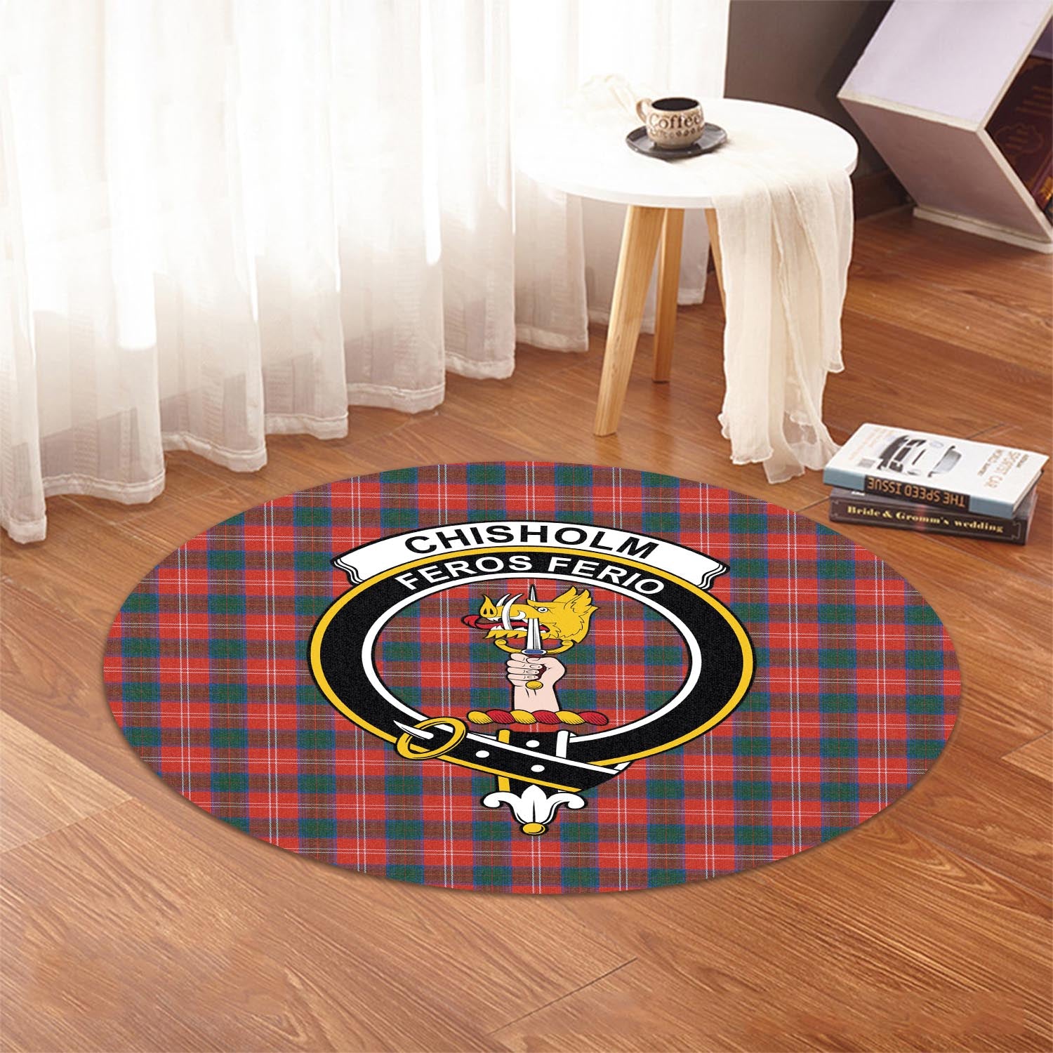 Chisholm Ancient Tartan Round Rug with Family Crest - Tartanvibesclothing