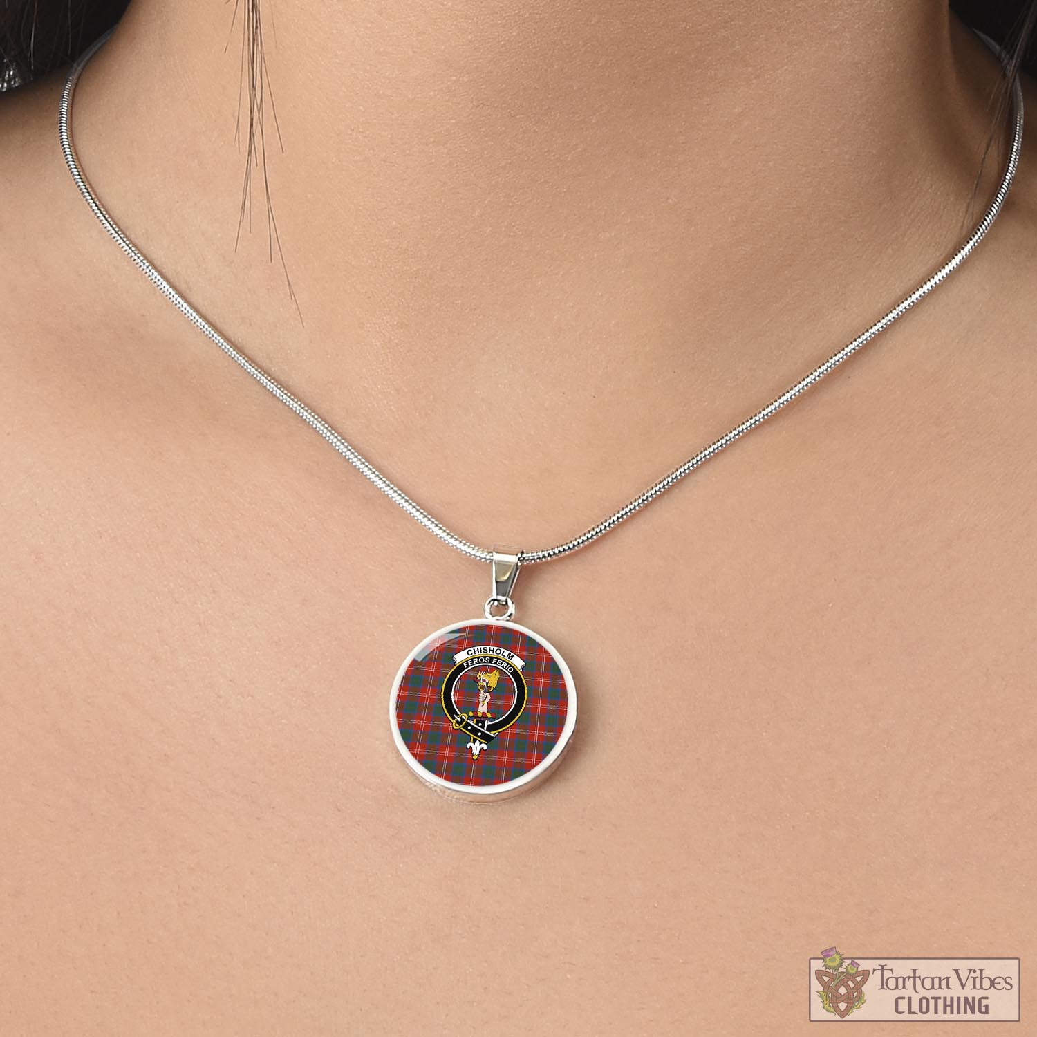 Tartan Vibes Clothing Chisholm Ancient Tartan Circle Necklace with Family Crest