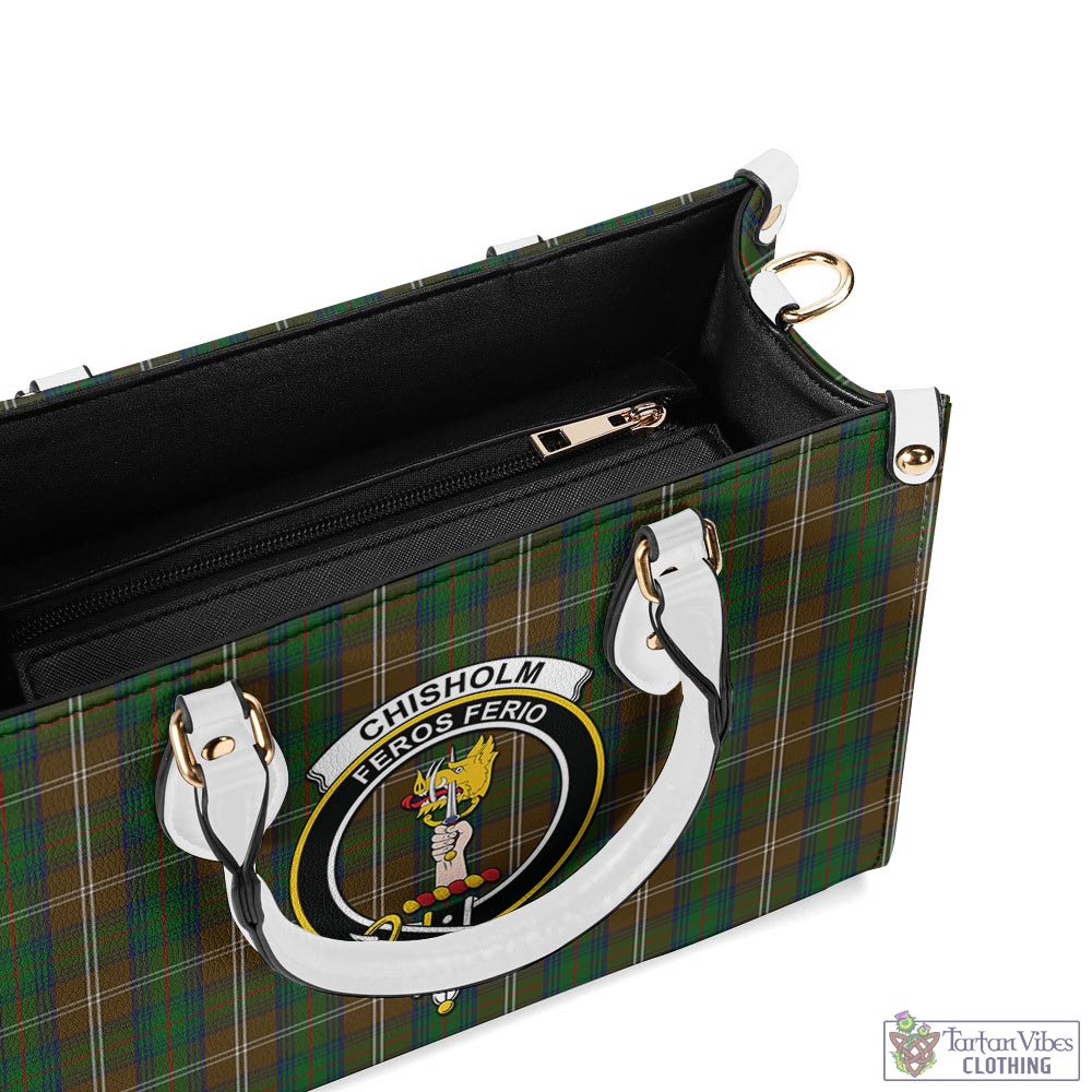 Tartan Vibes Clothing Chisholm Hunting Tartan Luxury Leather Handbags with Family Crest