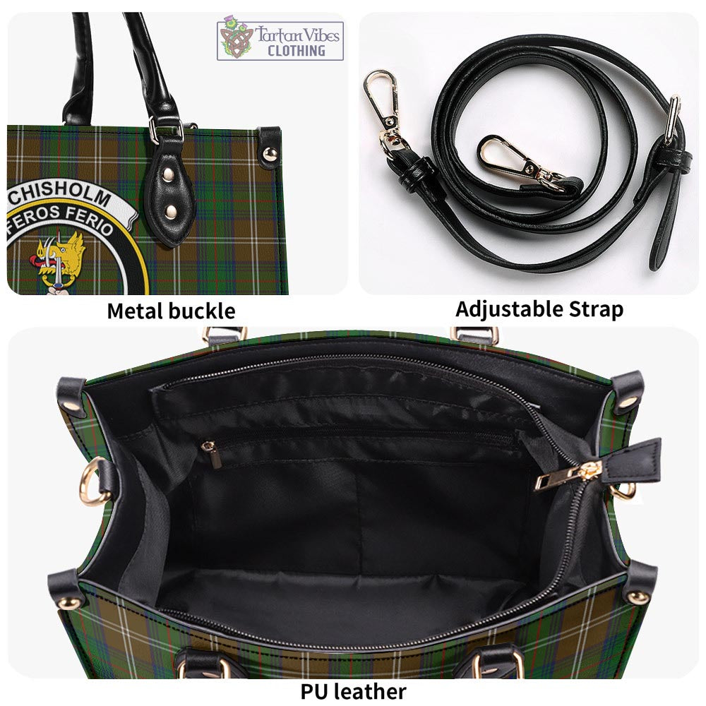 Tartan Vibes Clothing Chisholm Hunting Tartan Luxury Leather Handbags with Family Crest