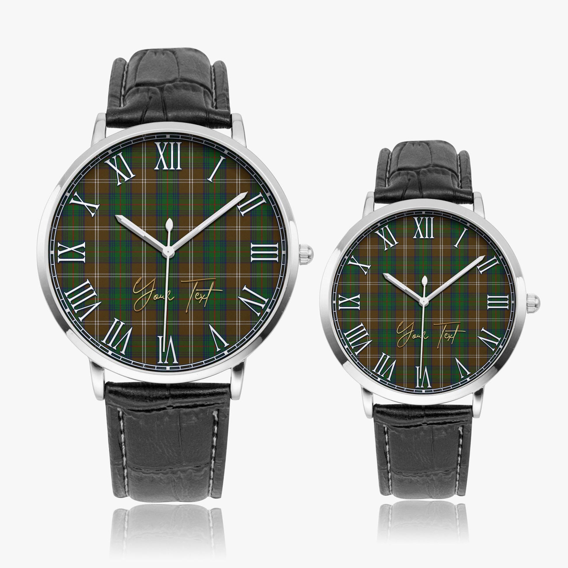 Chisholm Hunting Tartan Personalized Your Text Leather Trap Quartz Watch Ultra Thin Silver Case With Black Leather Strap - Tartanvibesclothing