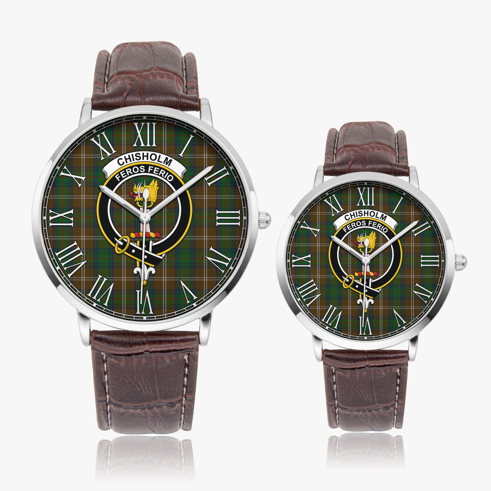 Chisholm Hunting Tartan Family Crest Leather Strap Quartz Watch - Tartanvibesclothing