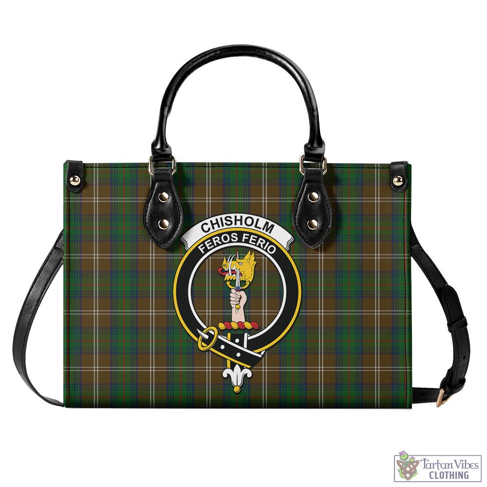 Tartan Vibes Clothing Chisholm Hunting Tartan Luxury Leather Handbags with Family Crest