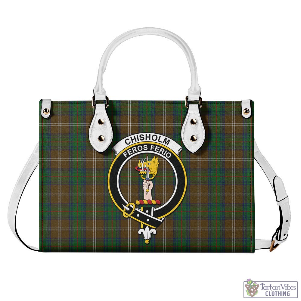 Tartan Vibes Clothing Chisholm Hunting Tartan Luxury Leather Handbags with Family Crest