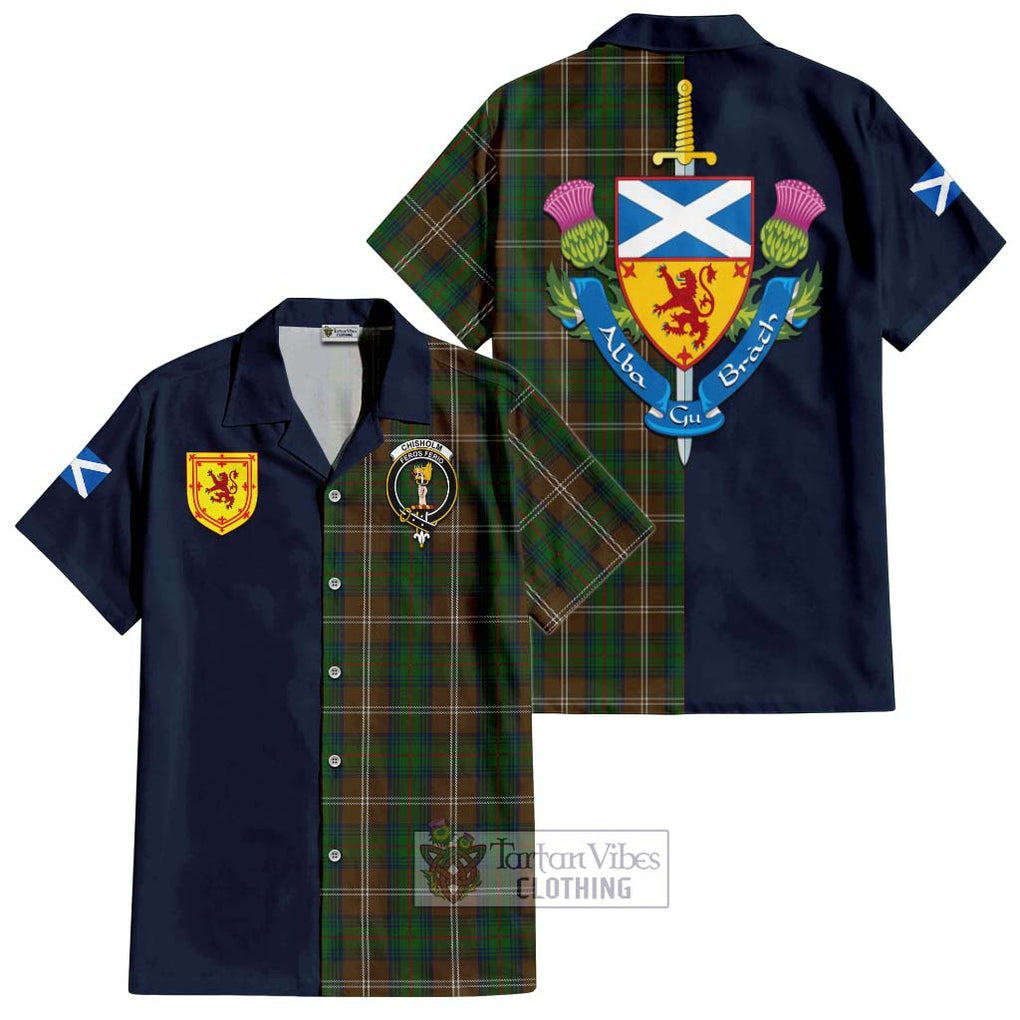 Tartan Vibes Clothing Chisholm Hunting Tartan Short Sleeve Button Shirt with Scottish Lion Royal Arm Half Style