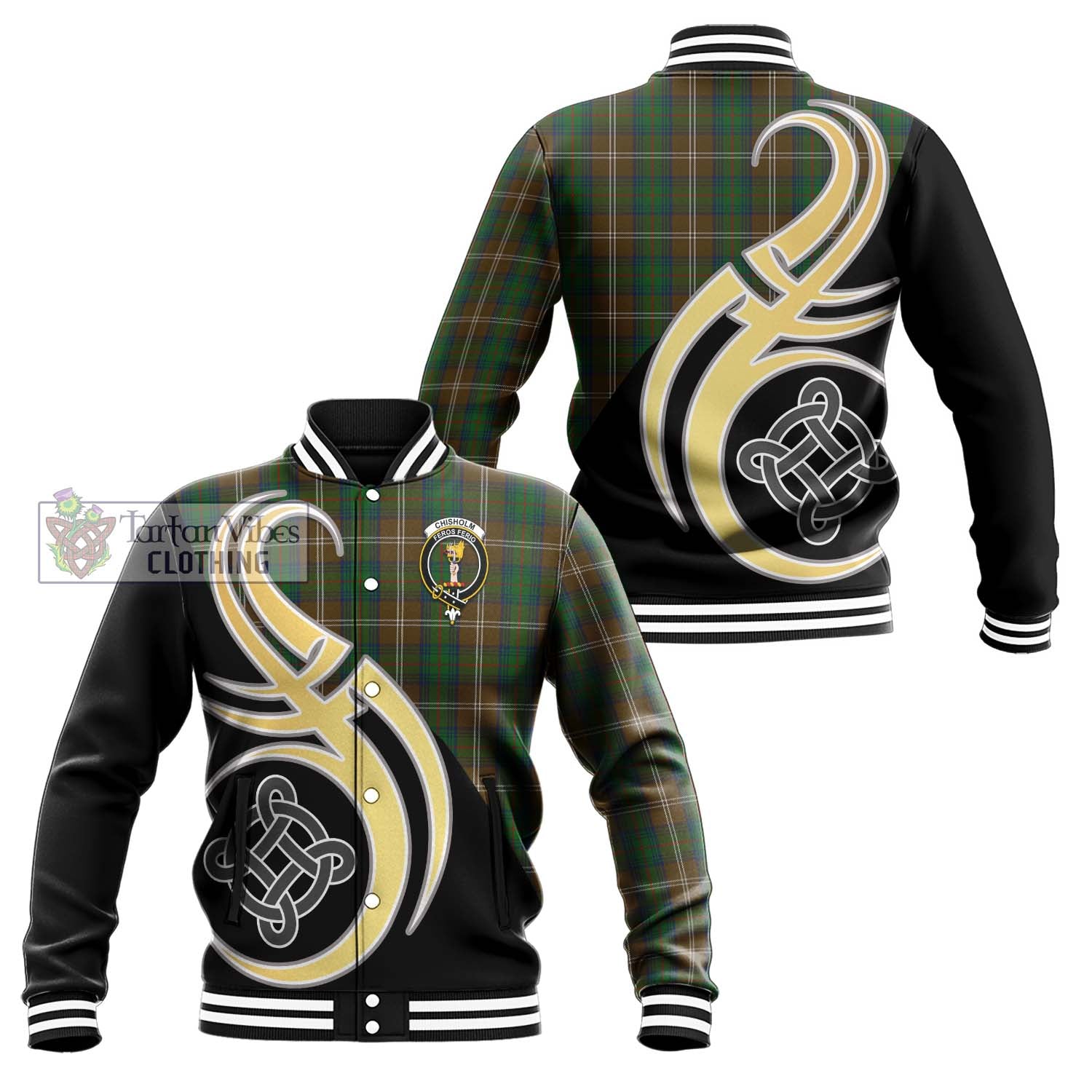 Chisholm Hunting Tartan Baseball Jacket with Family Crest and Celtic Symbol Style Unisex - Tartan Vibes Clothing