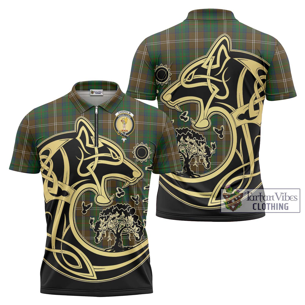 Chisholm Hunting Tartan Zipper Polo Shirt with Family Crest Celtic Wolf Style Unisex - Tartanvibesclothing Shop